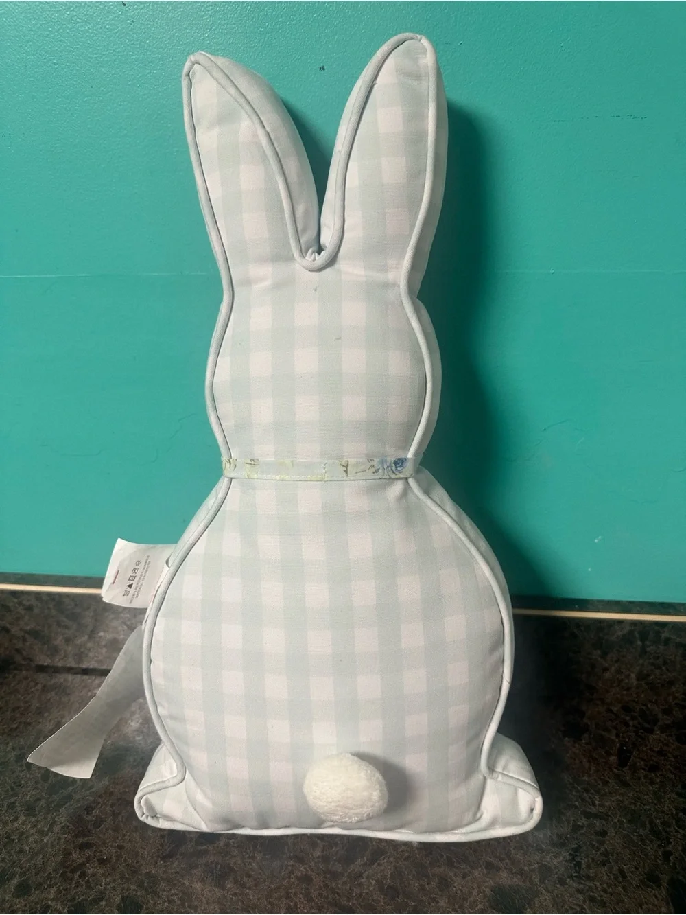 Shabby Chic Pale Blue Gingham Bunny Accent Pillow